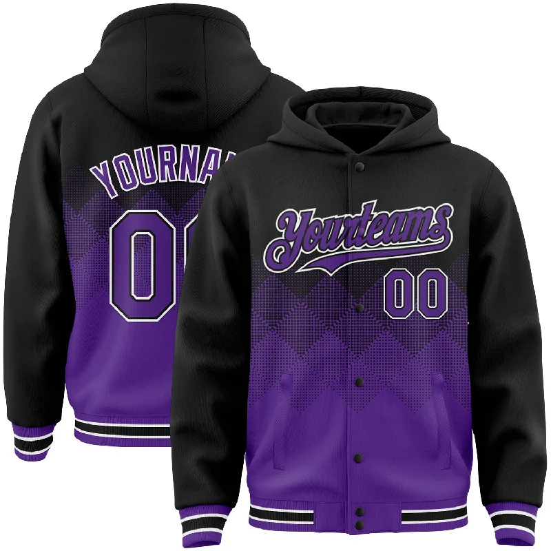 Fishing reel tension rack-Custom Black Purple-White Gradient Square Shape 3D Pattern Design Bomber Full-Snap Varsity Letterman Hoodie Jacket