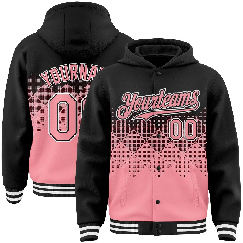 Fishing pliers with jaw rack-Custom Black Medium Pink-White Gradient Square Shape 3D Pattern Design Bomber Full-Snap Varsity Letterman Hoodie Jacket