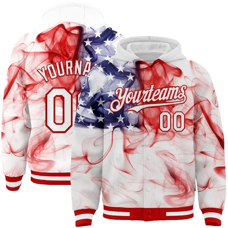 Fishing hook threading rack-Custom White Red-Royal American Flag Fashion 3D Bomber Full-Snap Varsity Letterman Hoodie Jacket