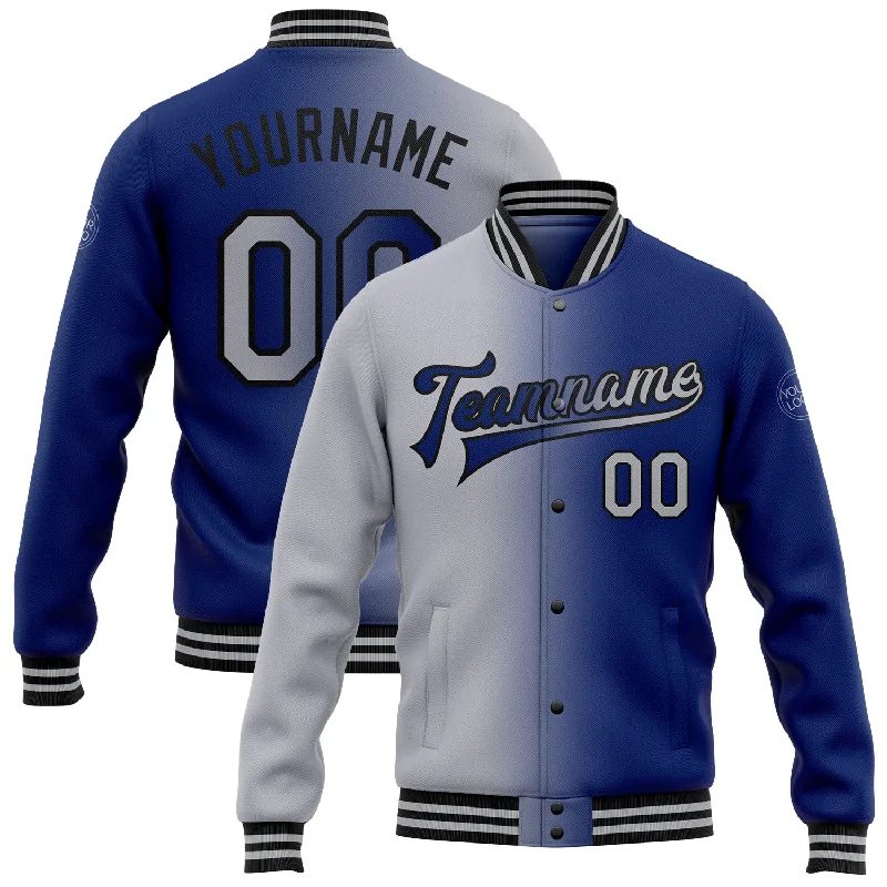 Fishing pliers with hook rack-Custom Royal Gray-Black Bomber Full-Snap Varsity Letterman Gradient Fashion Jacket