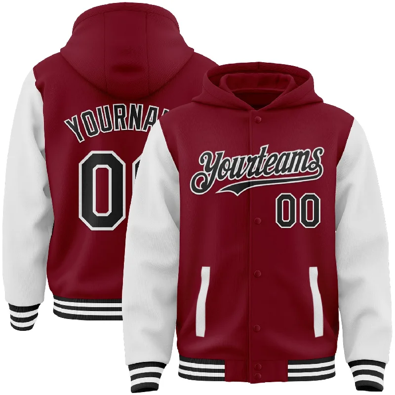 Fishing tackle foldable rack-Custom Crimson Black-White Bomber Full-Snap Varsity Letterman Two Tone Hoodie Jacket