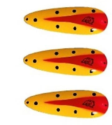 Fishing rod angle stand-Three Eppinger Huskie Junior Yellow/Red Chunk Fishing Spoons 2 oz 4 1/2" 7-56