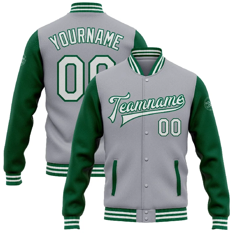 Fishing tackle travel holder-Custom Gray White-Kelly Green Bomber Full-Snap Varsity Letterman Two Tone Jacket