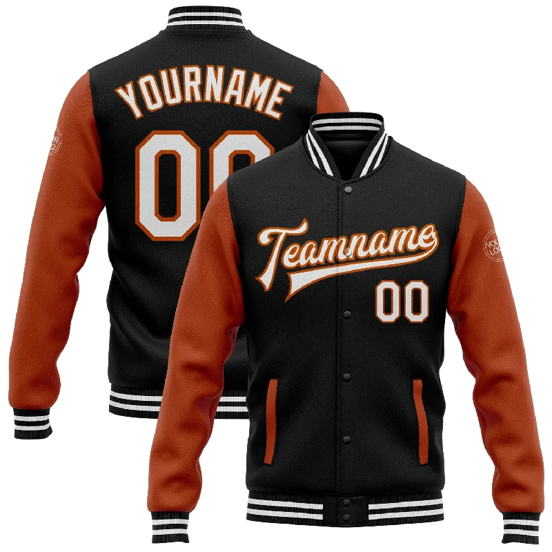 Fishing bait shaping clamp-Custom Black White-Texas Orange Bomber Full-Snap Varsity Letterman Two Tone Jacket