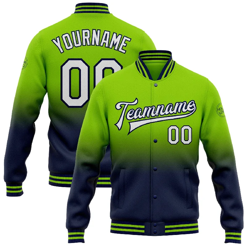 Fishing line loop rack-Custom Neon Green White-Navy Bomber Full-Snap Varsity Letterman Fade Fashion Jacket