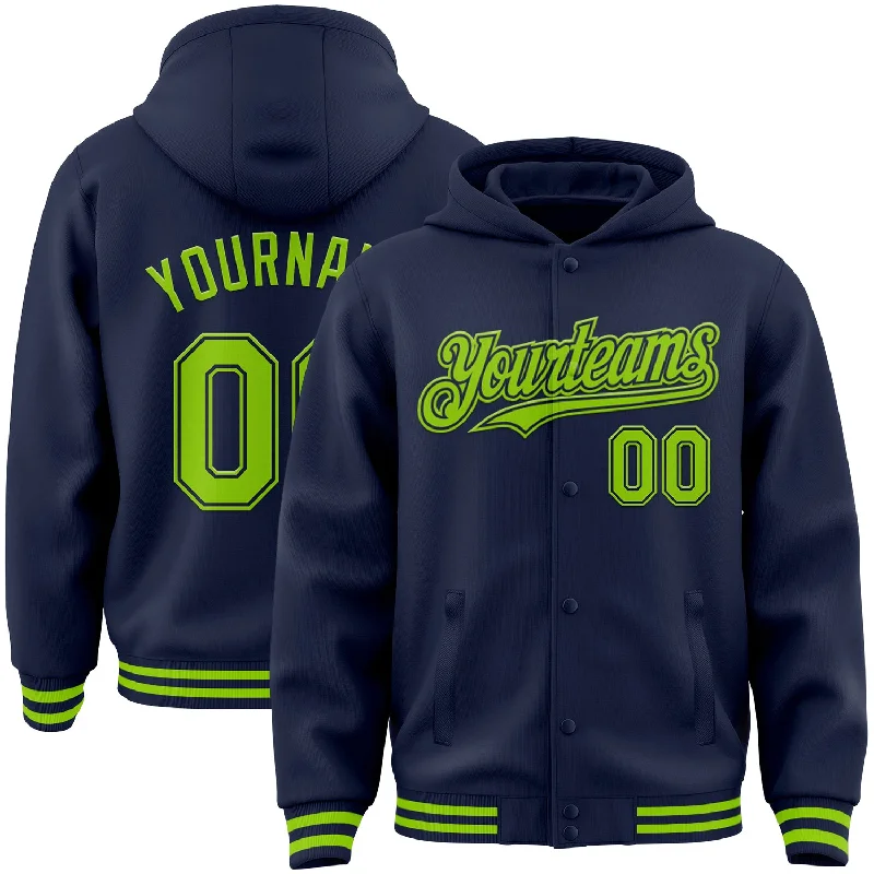 Fishing bait freezing holder-Custom Navy Neon Green Bomber Full-Snap Varsity Letterman Hoodie Jacket