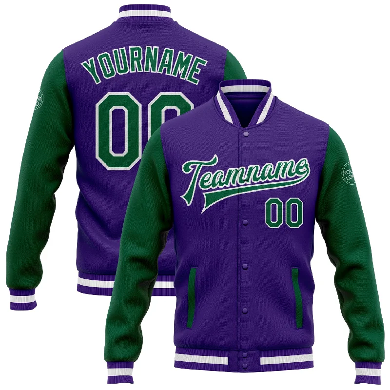 Fishing hook crimping stand-Custom Purple Kelly Green-White Bomber Full-Snap Varsity Letterman Two Tone Jacket