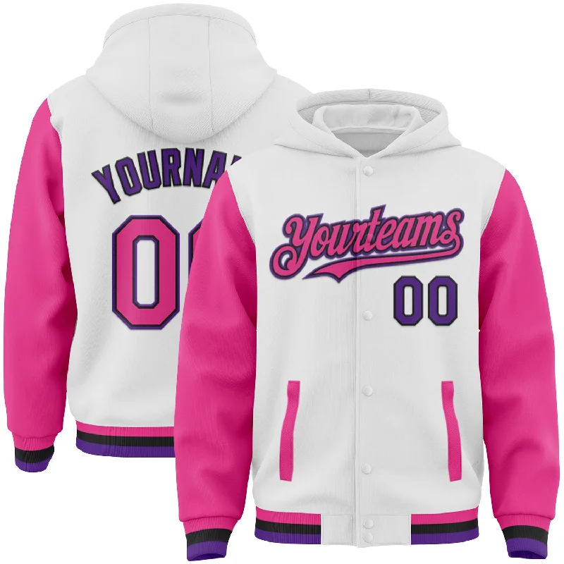 Fishing tackle foldable clamp-Custom White Pink Black-Purple Bomber Full-Snap Varsity Letterman Two Tone Hoodie Jacket