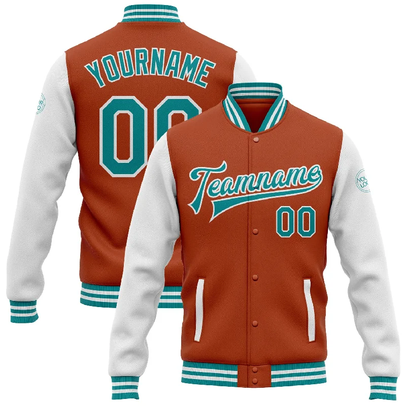 Fishing rod display clamp-Custom Texas Orange Teal-White Bomber Full-Snap Varsity Letterman Two Tone Jacket