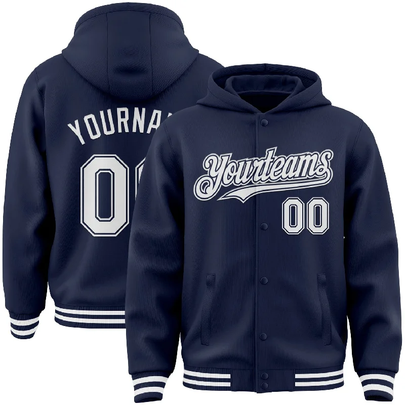 Fishing tackle portable stand-Custom Navy White Bomber Full-Snap Varsity Letterman Hoodie Jacket