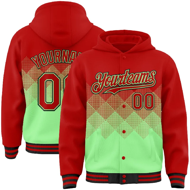 Fishing rod stabilizing rack-Custom Red Pea Green-Black Gradient Square Shape 3D Pattern Design Bomber Full-Snap Varsity Letterman Hoodie Jacket