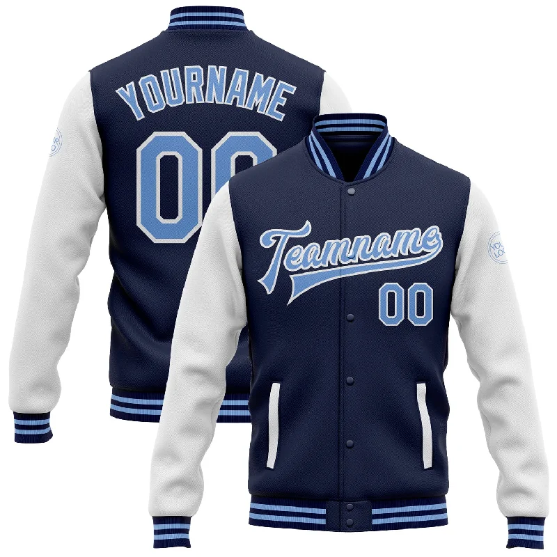 Fishing pliers with hook lock-Custom Navy Light Blue-White Bomber Full-Snap Varsity Letterman Two Tone Jacket