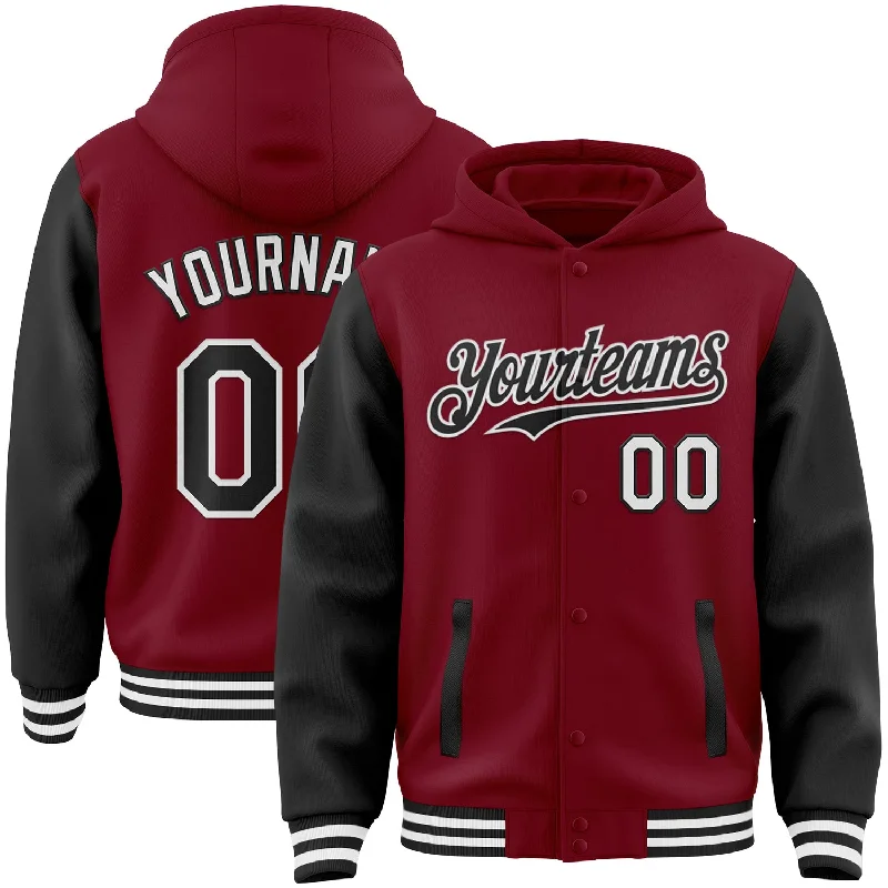 Fishing tackle foldable rack-Custom Crimson Black-White Bomber Full-Snap Varsity Letterman Two Tone Hoodie Jacket