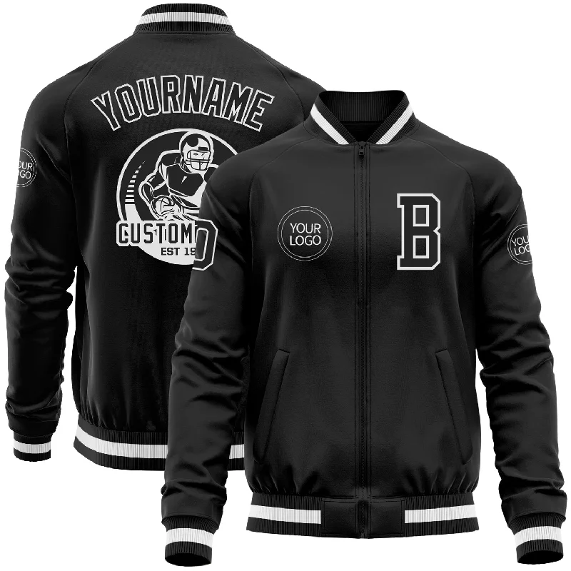 Fishing rod securing rack-Custom Black White Bomber Varsity Letterman Zipper Jacket