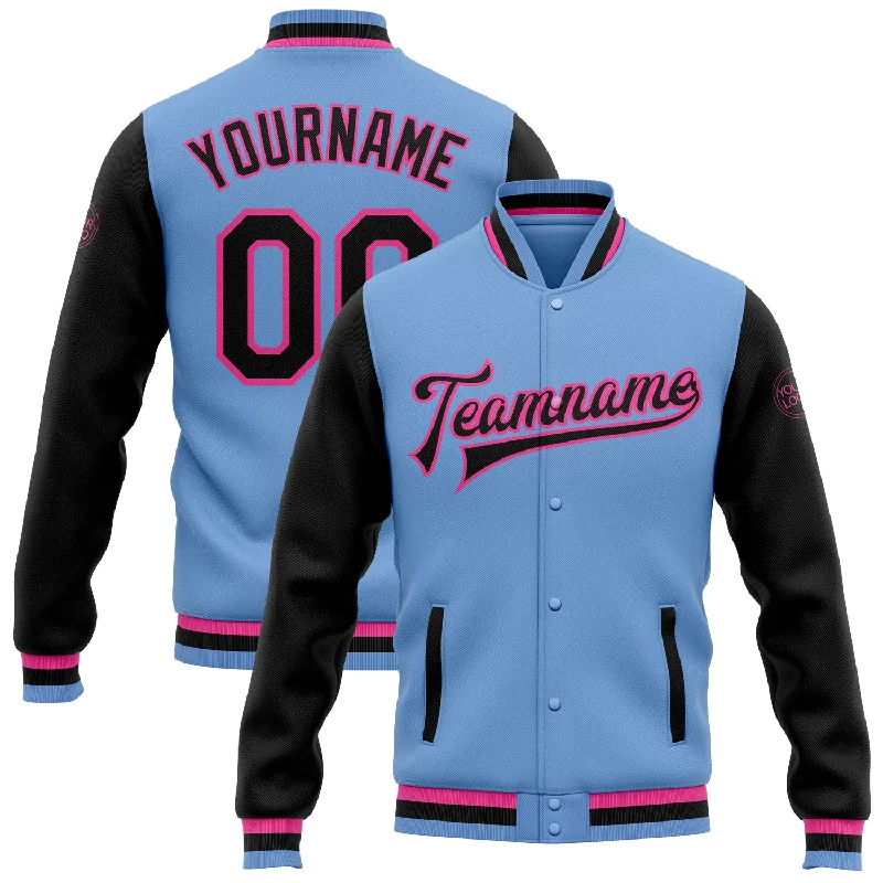 Fishing reel tension tester-Custom Light Blue Black-Pink Bomber Full-Snap Varsity Letterman Two Tone Jacket