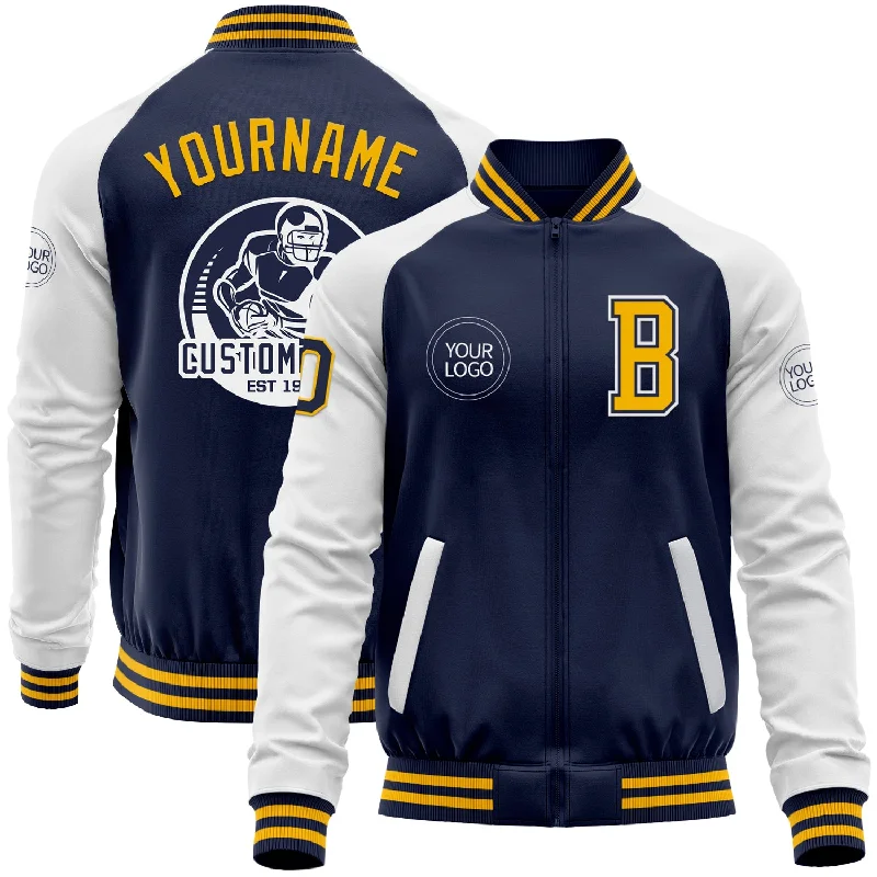 Fishing line splicing clamp-Custom Navy Gold-White Bomber Varsity Letterman Two Tone Zipper Jacket