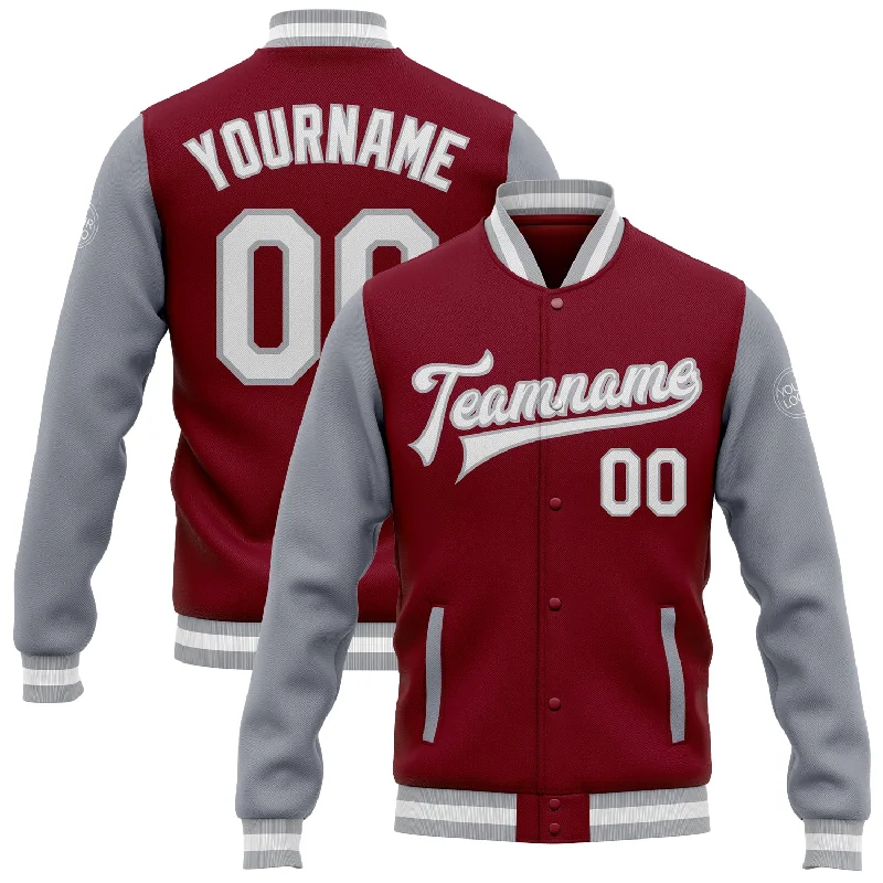 Fishing bait sealing holder-Custom Crimson White-Gray Bomber Full-Snap Varsity Letterman Two Tone Jacket