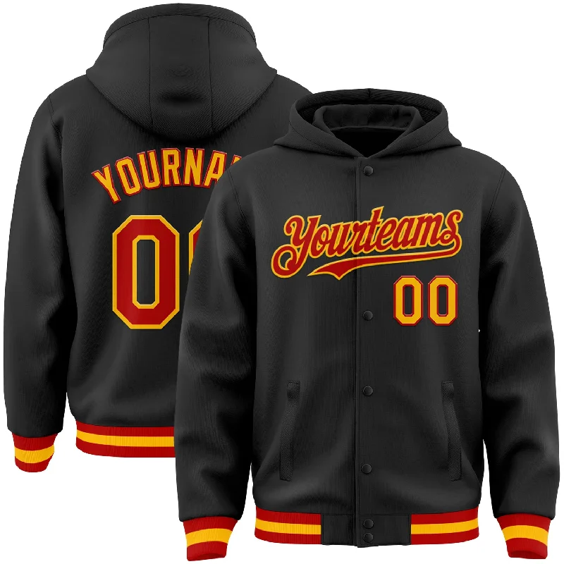 Fishing hook tension clamp-Custom Black Red-Gold Bomber Full-Snap Varsity Letterman Hoodie Jacket