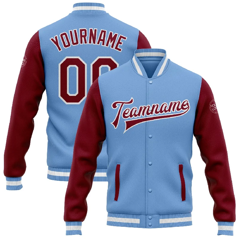 Fishing tackle portable pouch-Custom Light Blue Crimson-White Bomber Full-Snap Varsity Letterman Two Tone Jacket