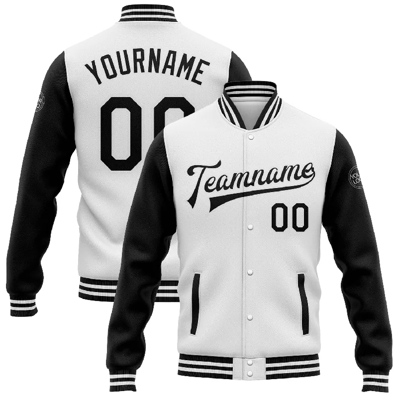 Fishing hook alignment stand-Custom White Black Bomber Full-Snap Varsity Letterman Two Tone Jacket