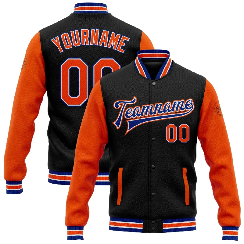 Fishing hook alignment rack-Custom Black Orange-Royal Bomber Full-Snap Varsity Letterman Two Tone Jacket