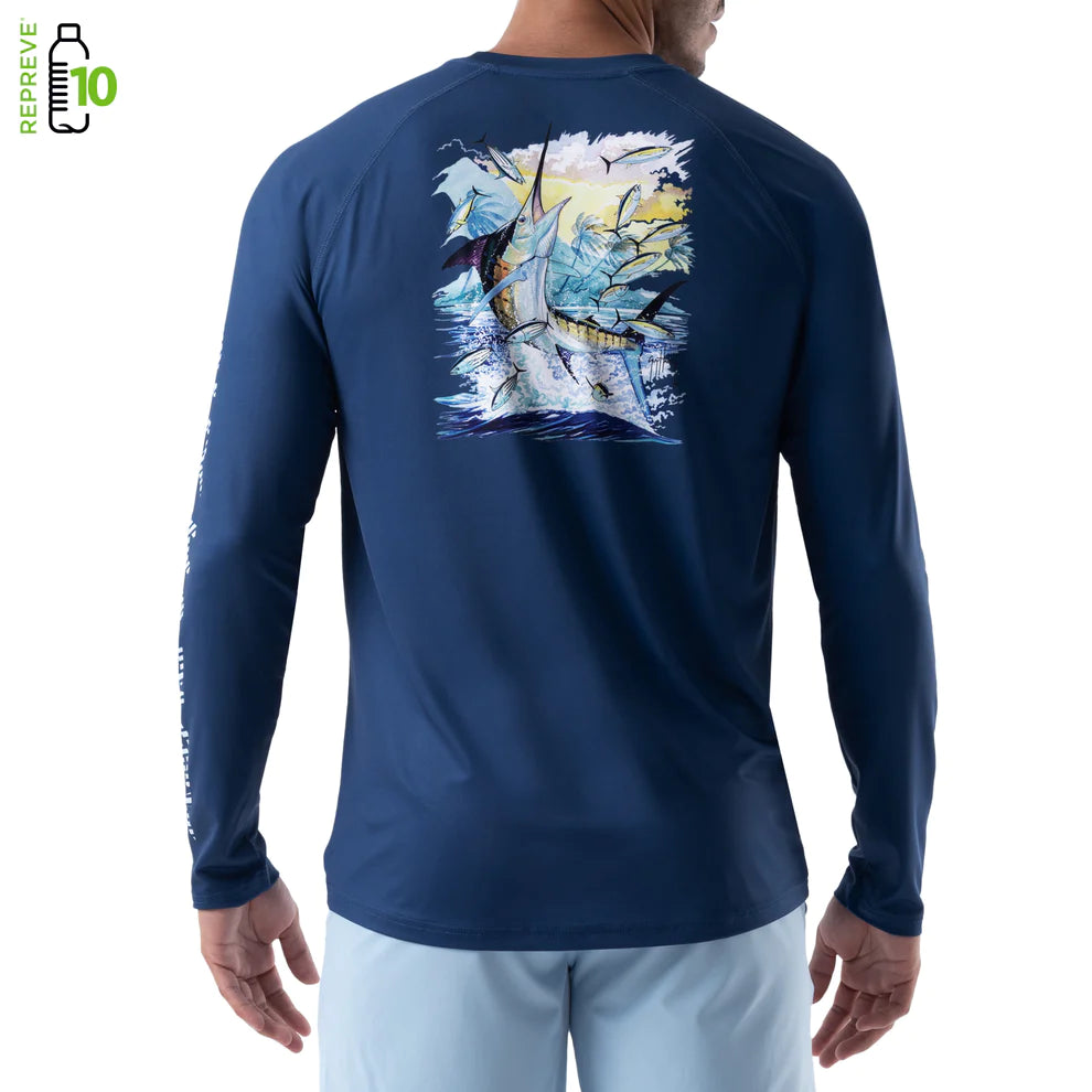 Fishing bait freezing clamp-Guy Harvey Men's On The Hunt Performance Raglan Sun Protection Top Estate Blue