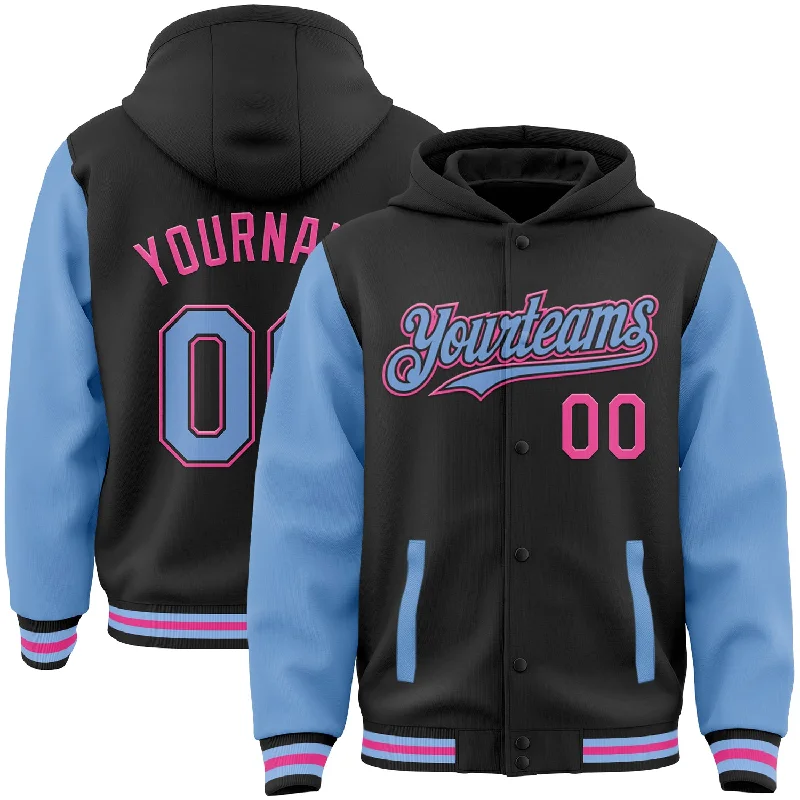 Fishing line braiding clamp-Custom Black Light Blue-Pink Bomber Full-Snap Varsity Letterman Two Tone Hoodie Jacket