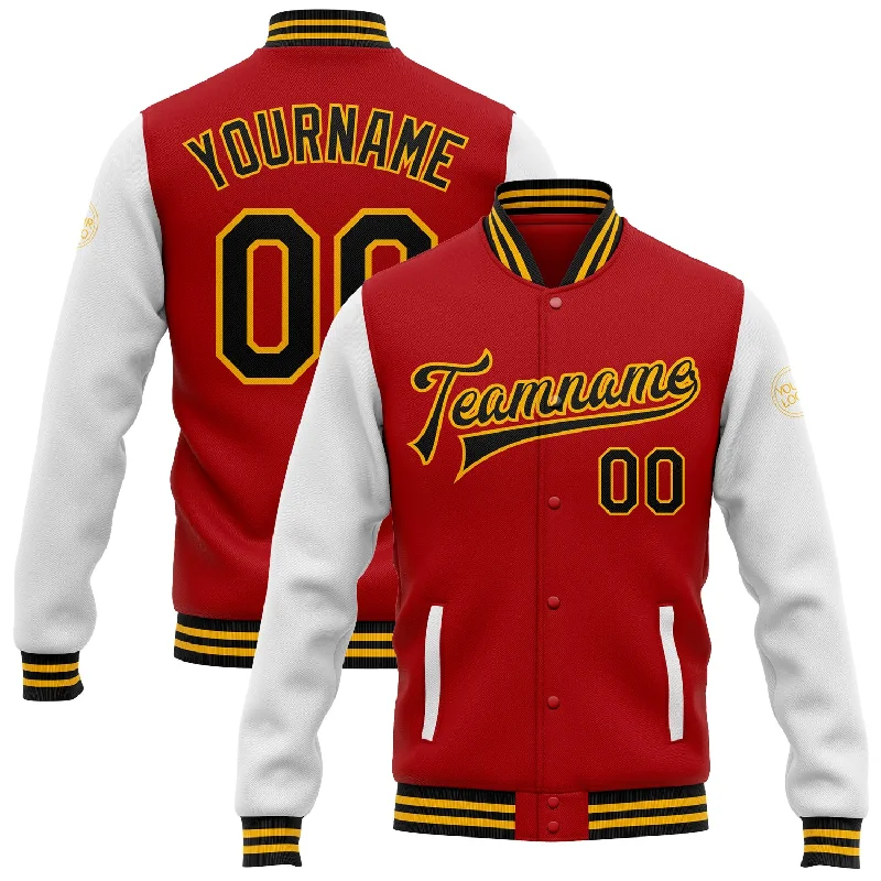 Fishing rod securing holder-Custom Red Black-Gold Bomber Full-Snap Varsity Letterman Two Tone Jacket