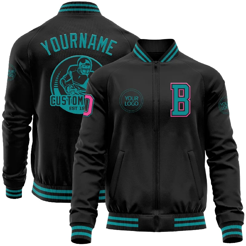 Fishing reel line clamp-Custom Black Teal-Pink Bomber Varsity Letterman Zipper Jacket