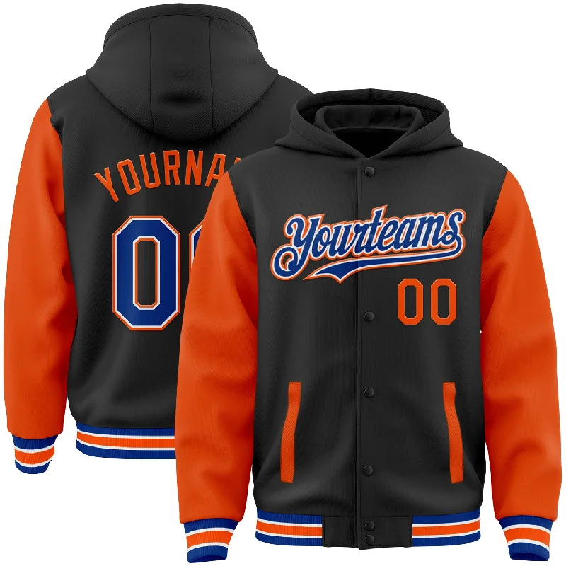 Fishing pliers with line lock-Custom Black Royal-Orange Bomber Full-Snap Varsity Letterman Two Tone Hoodie Jacket