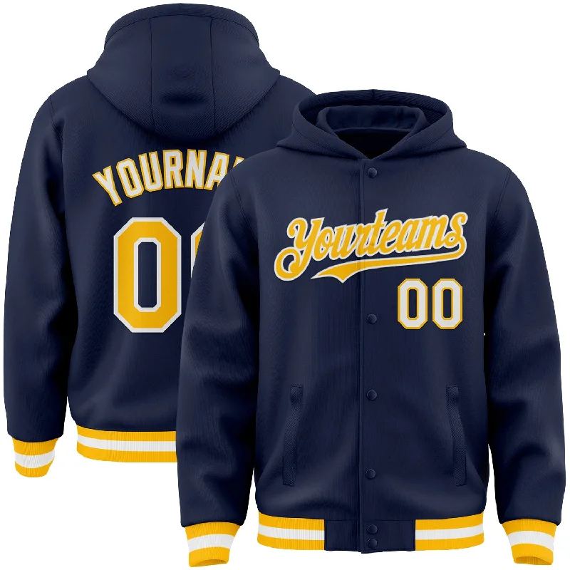 Fishing tackle waterproof stand-Custom Navy Gold-White Bomber Full-Snap Varsity Letterman Hoodie Jacket