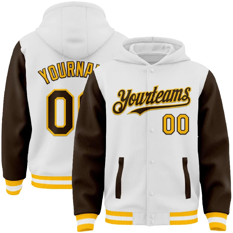 Fishing rod locking stand-Custom White Brown-Gold Bomber Full-Snap Varsity Letterman Two Tone Hoodie Jacket