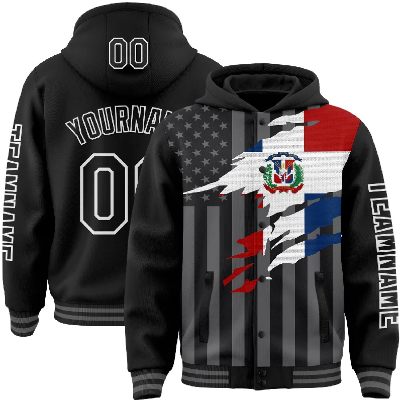 Fishing bait freezing rack-Custom Black Gray-White Dominican Republic Flag 3D Bomber Full-Snap Varsity Letterman Hoodie Jacket