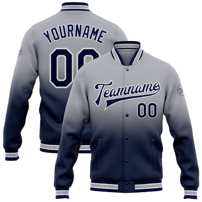 Fishing line knotting rack-Custom Gray Navy-White Bomber Full-Snap Varsity Letterman Fade Fashion Jacket