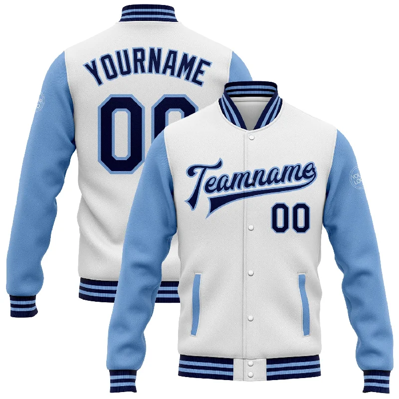 Fishing reel spool stand-Custom White Navy-Light Blue Bomber Full-Snap Varsity Letterman Two Tone Jacket