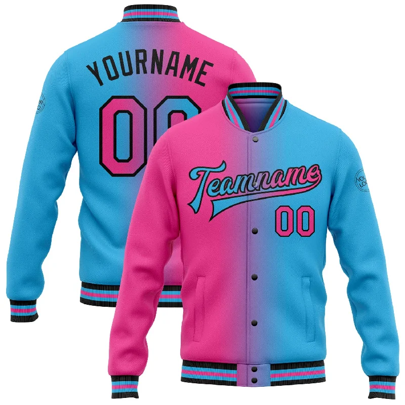 Fishing tackle adjustable rack-Custom Sky Blue Pink-Black Bomber Full-Snap Varsity Letterman Gradient Fashion Jacket