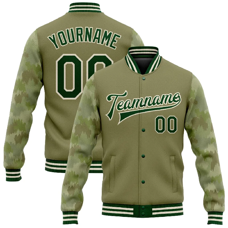 Fishing rod pivot rack-Custom Olive Green-Cream Camo Sleeves 3D Pattern Design Bomber Full-Snap Varsity Letterman Salute To Service Jacket