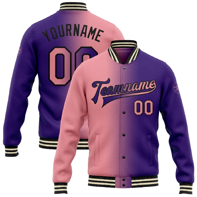 Fishing pliers with jaw rack-Custom Purple Medium Pink-Black Bomber Full-Snap Varsity Letterman Gradient Fashion Jacket