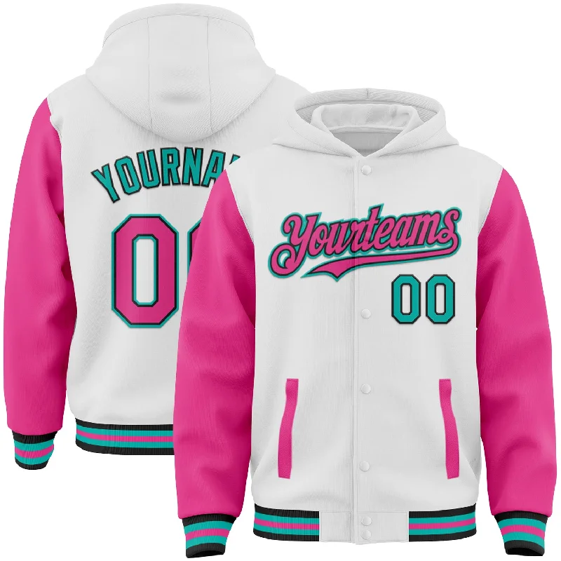 Fishing hook threading clamp-Custom White Pink Black-Aqua Bomber Full-Snap Varsity Letterman Two Tone Hoodie Jacket