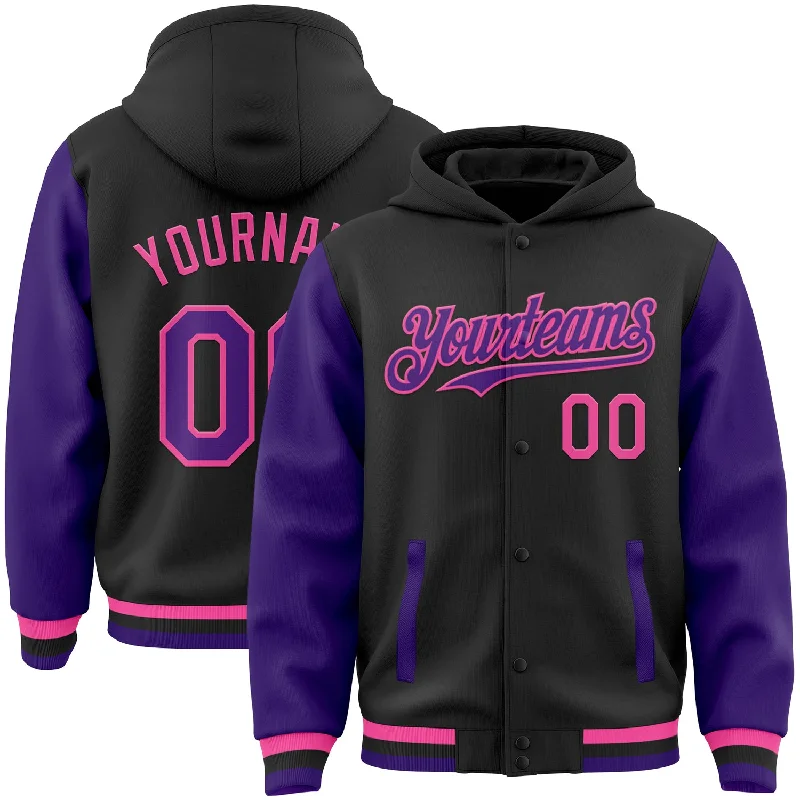 Fishing hook alignment clamp-Custom Black Purple-Pink Bomber Full-Snap Varsity Letterman Two Tone Hoodie Jacket