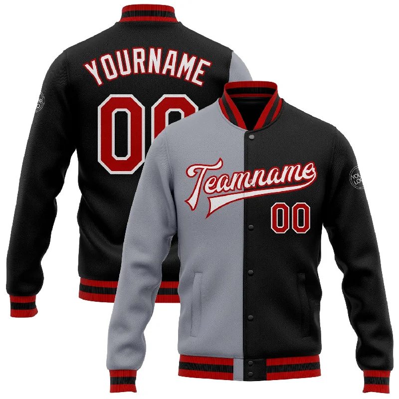 Fishing hook crimping holder-Custom Black Red-Gray Bomber Full-Snap Varsity Letterman Split Fashion Jacket