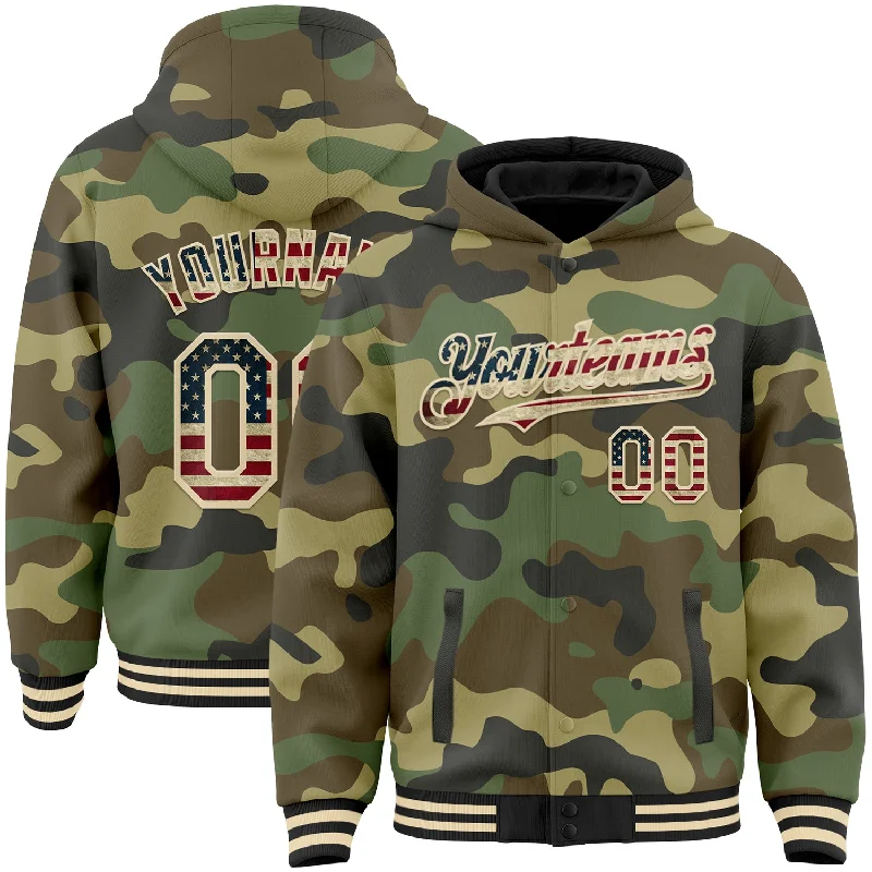 Fishing hook angle rack-Custom Camo Vintage USA Flag Cream-Black 3D Bomber Full-Snap Varsity Letterman Salute To Service Hoodie Jacket