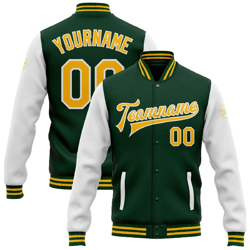 Fishing line splicing holder-Custom Green Gold-White Bomber Full-Snap Varsity Letterman Two Tone Jacket