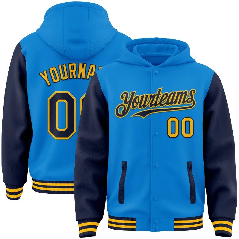 Fishing hook alignment stand-Custom Powder Blue Navy-Gold Bomber Full-Snap Varsity Letterman Two Tone Hoodie Jacket