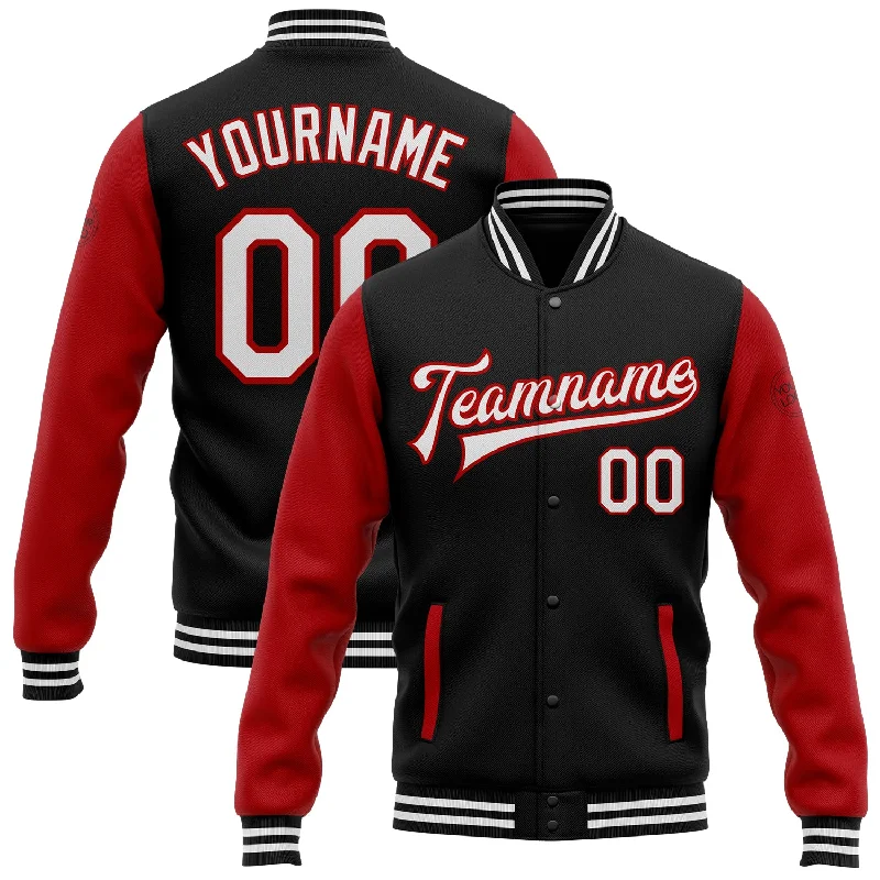 Fishing tackle foldable rack-Custom Black White-Red Bomber Full-Snap Varsity Letterman Two Tone Jacket