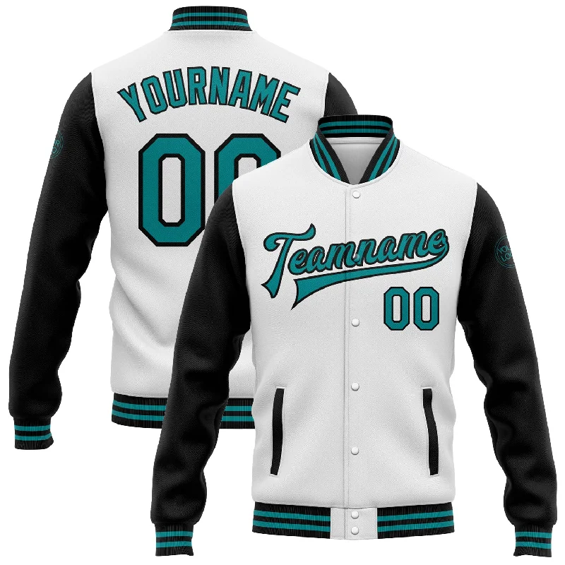 Fishing reel spool rack-Custom White Teal-Black Bomber Full-Snap Varsity Letterman Two Tone Jacket