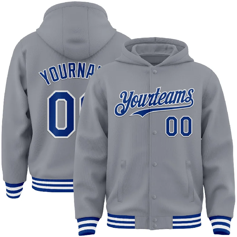 Fishing line braiding rack-Custom Gray Royal-White Bomber Full-Snap Varsity Letterman Hoodie Jacket