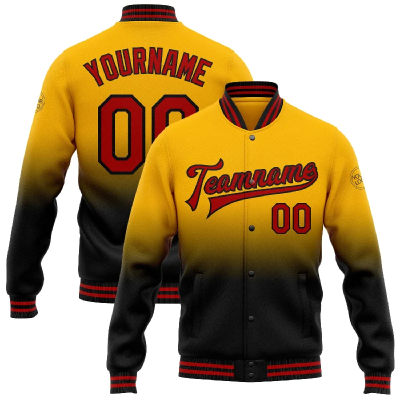 Fishing hook tension rack-Custom Gold Red-Black Bomber Full-Snap Varsity Letterman Fade Fashion Jacket