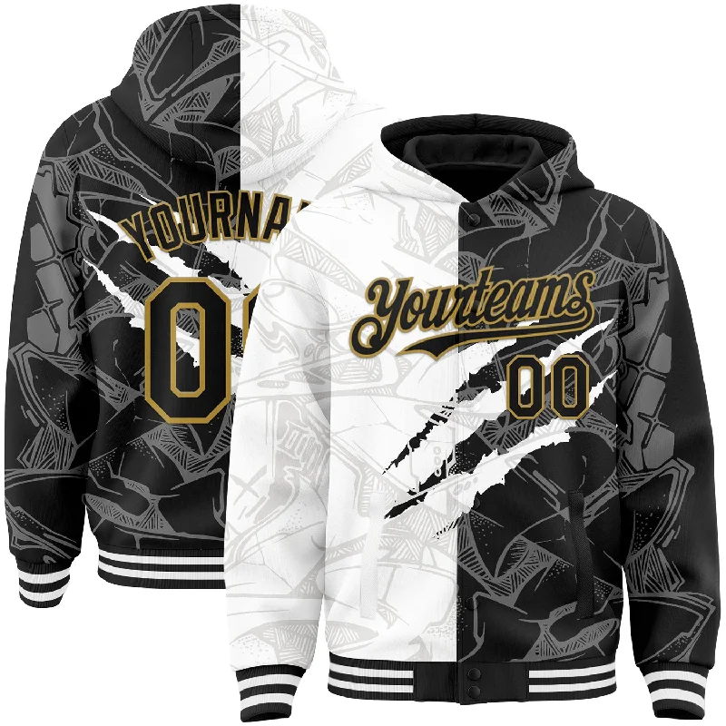 Fishing hook tension rack-Custom Graffiti Pattern Black-Old Gold Scratch 3D Bomber Full-Snap Varsity Letterman Hoodie Jacket