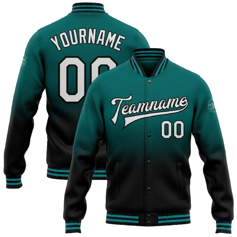 Fishing bait sealing stand-Custom Teal White-Black Bomber Full-Snap Varsity Letterman Fade Fashion Jacket